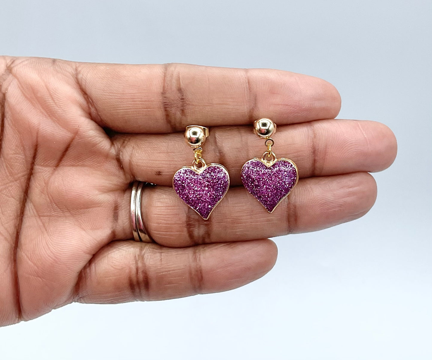 Purple Heart Earrings Dangle Drop Resin Heart Charms with Round Clasp OR Ball Post Studs