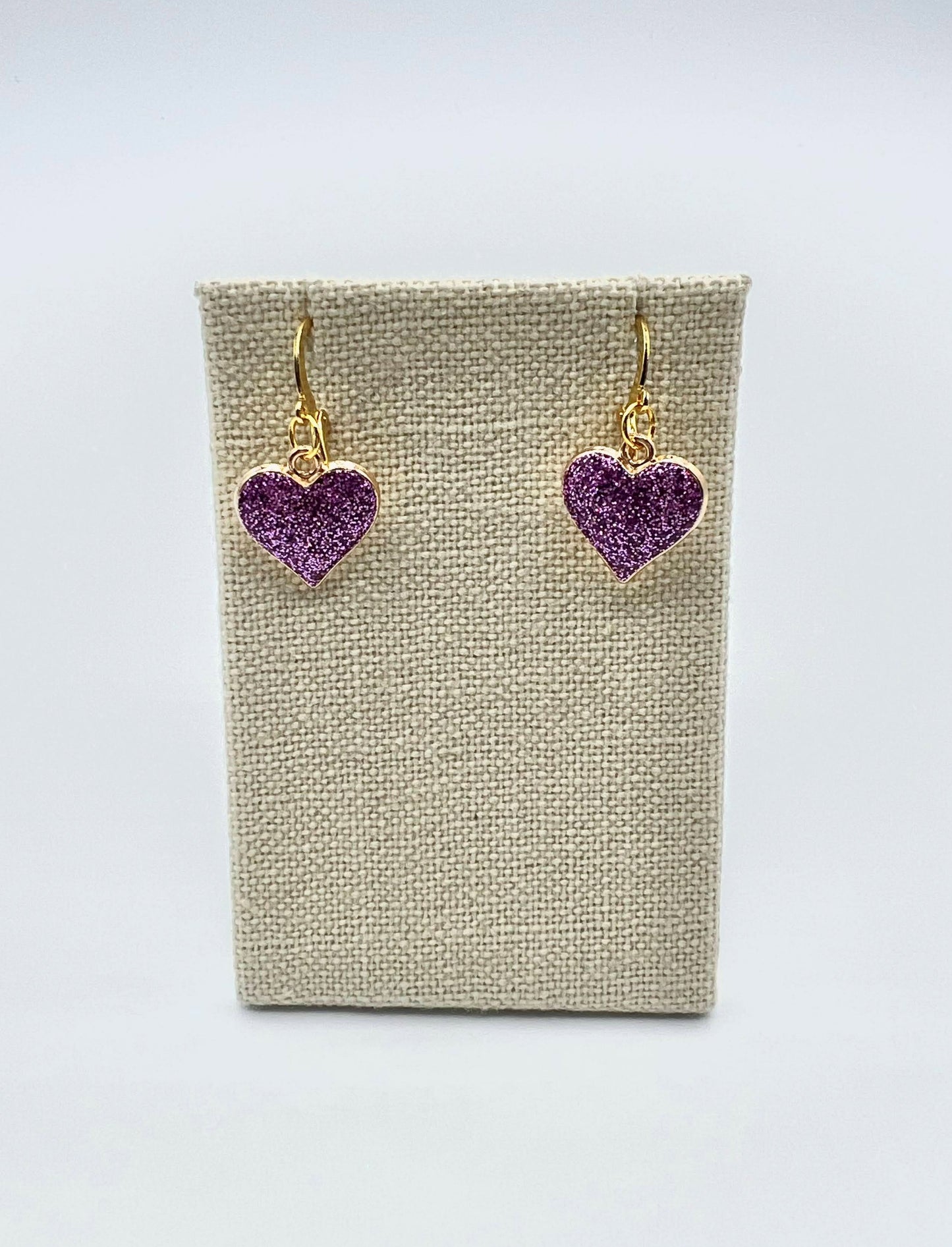 Purple Heart Earrings Dangle Drop Resin Heart Charms with Round Clasp OR Ball Post Studs