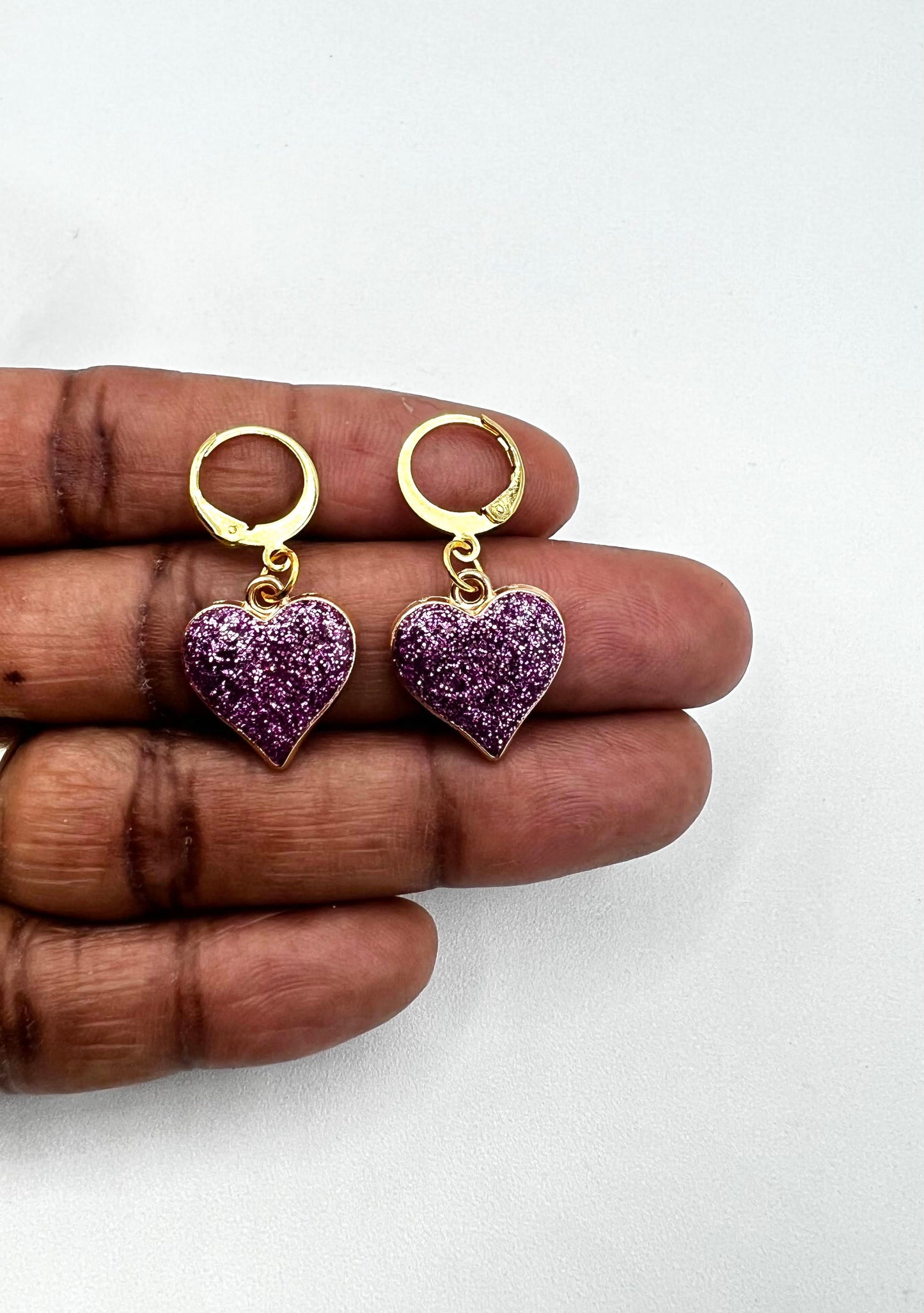 Purple Heart Earrings Dangle Drop Resin Heart Charms with Round Clasp OR Ball Post Studs