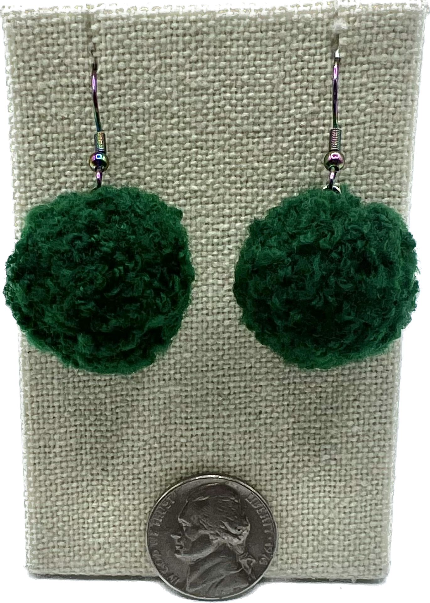 Dark Green Pom Pom Earrings With Rainbow Hooks