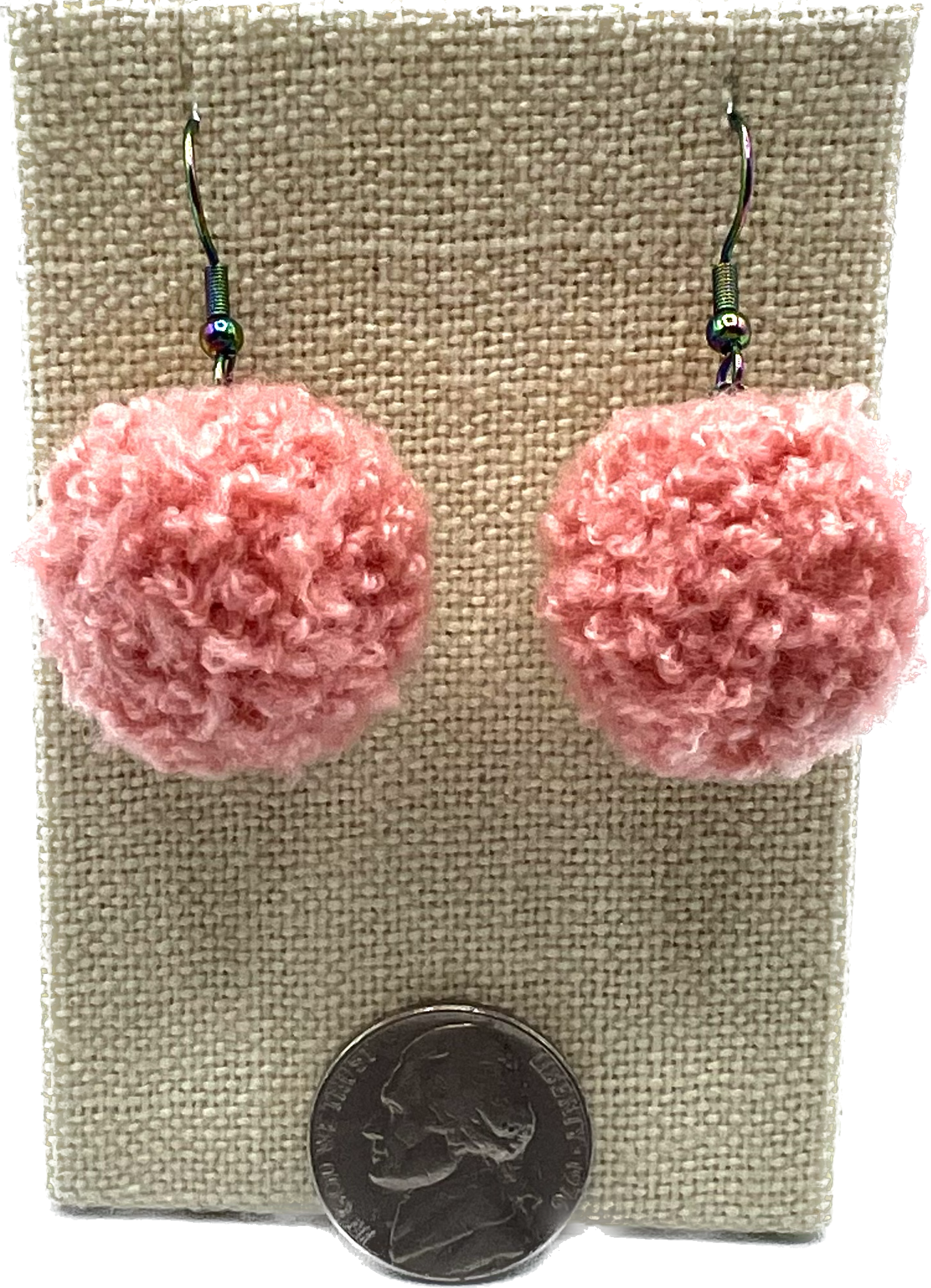 Coral Pink Pom Pom Earrings With Rainbow Hooks