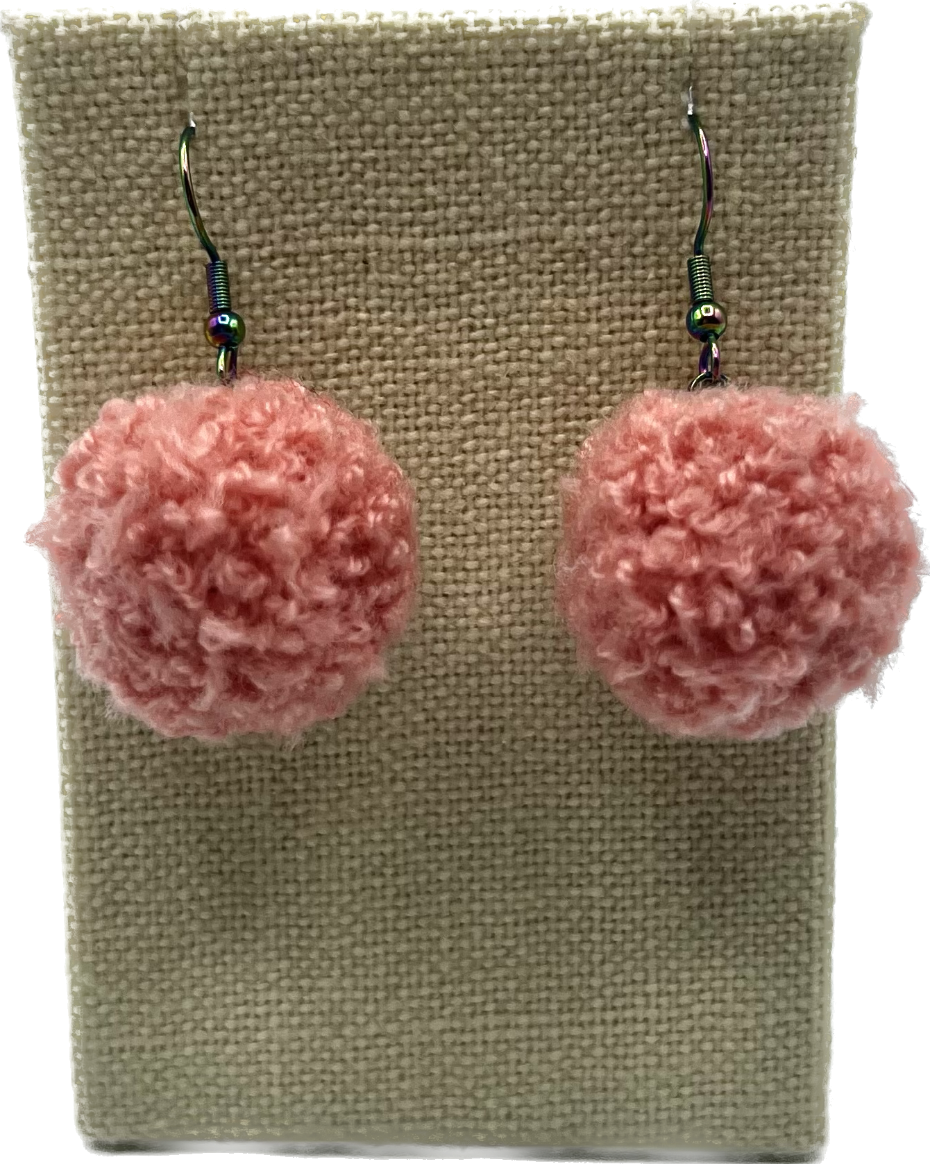 Coral Pink Pom Pom Earrings With Rainbow Hooks