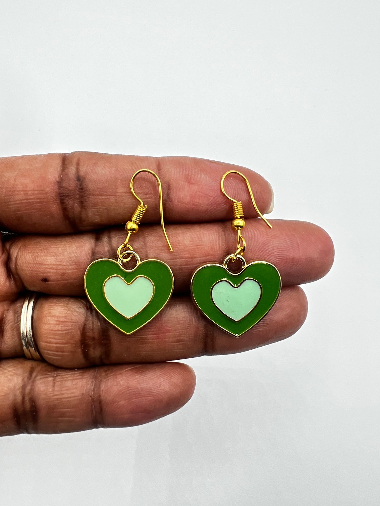 Green Double Heart Earrings Dangle Drop Enamel Heart Charms