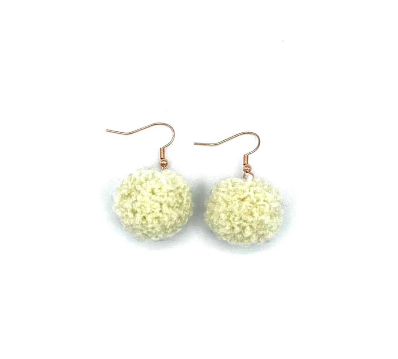 Off White Pom Pom Earrings With Rose Gold Hooks