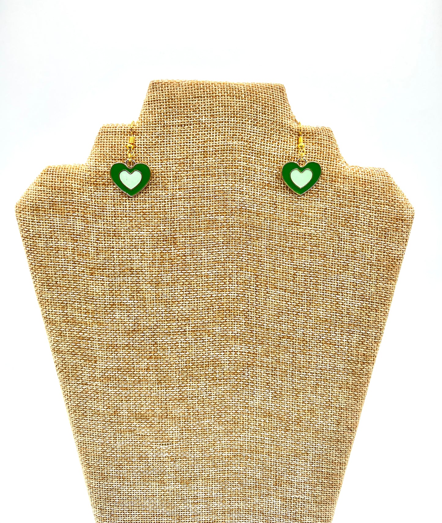 Green Double Heart Earrings Dangle Drop Enamel Heart Charms