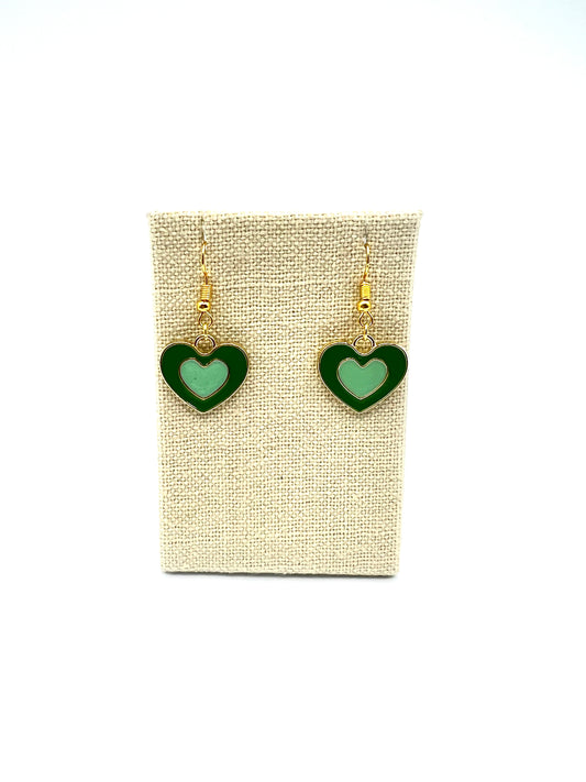 Green Double Heart Earrings Dangle Drop Enamel Heart Charms