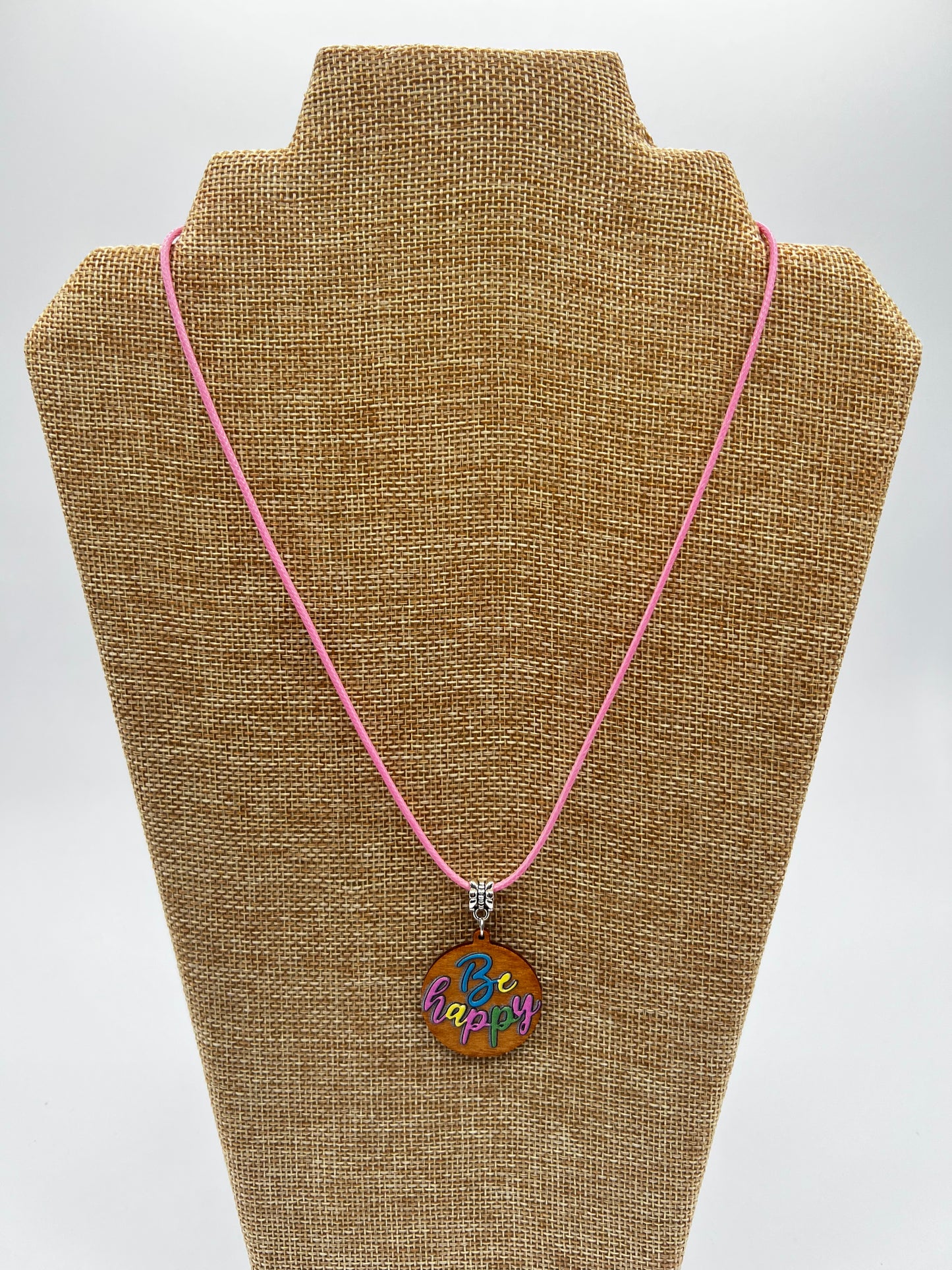 Wooden "Be happy" Charm Necklace, Spring Pastels Inspired, Easter Colors, Pink Waxed Cord, Lobster Claw Clasp