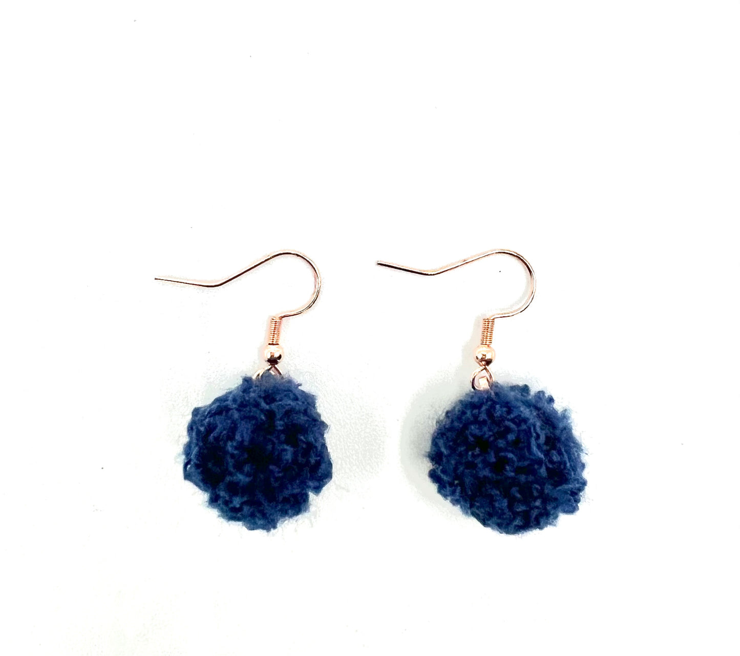 Navy Blue Pom Pom Earrings With Rose Gold Hooks (Small)