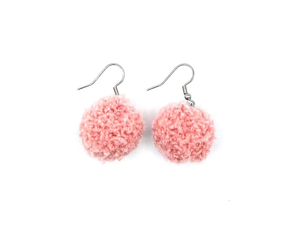 Coral Pink Pom Pom Earrings With Stainless Steel Hooks