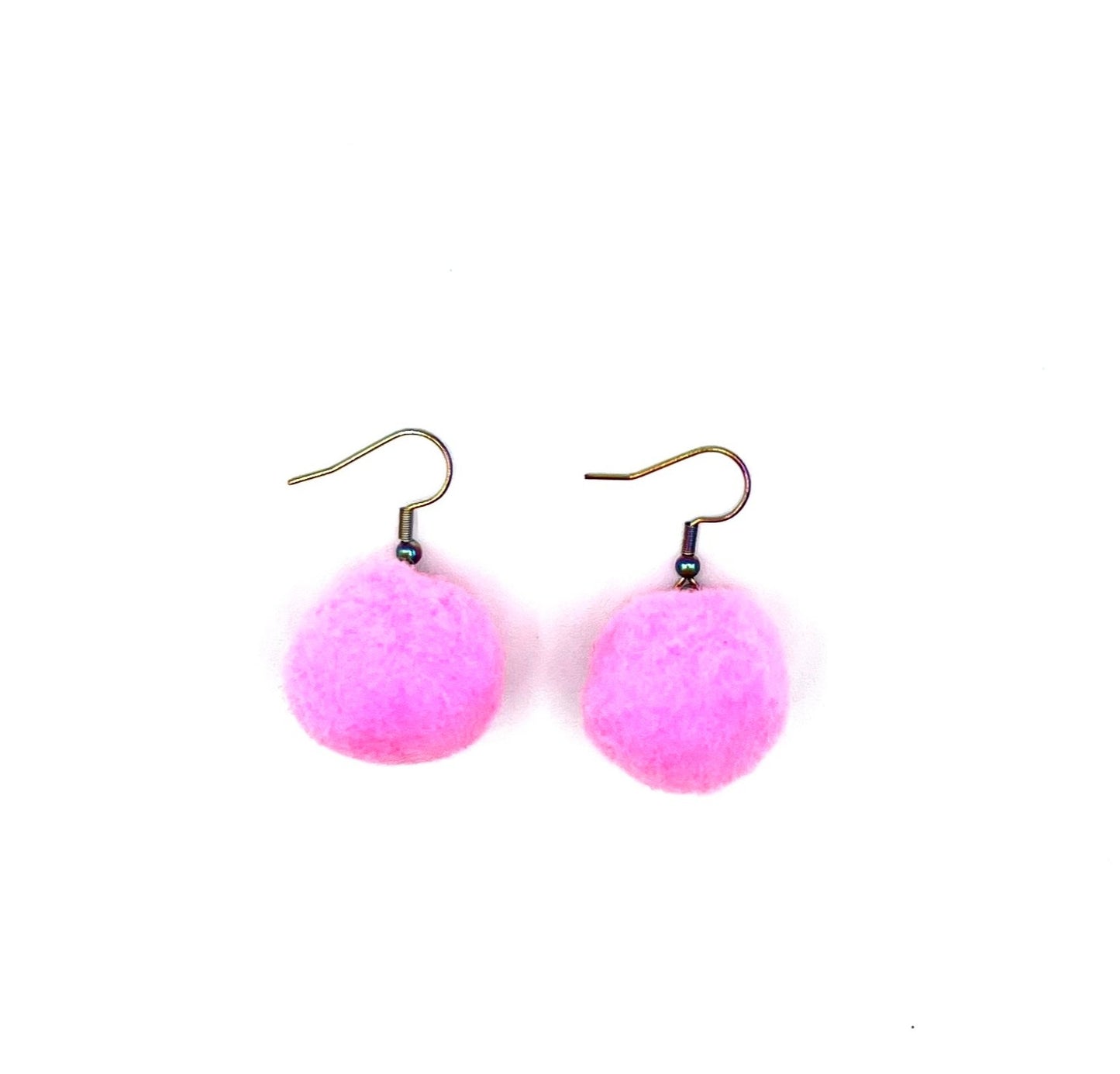 Hot Pink Pom Pom Earrings With Rainbow Hooks