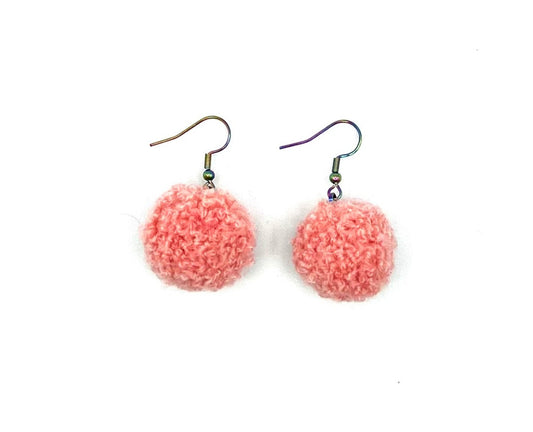 Coral Pink Pom Pom Earrings With Rainbow Hooks