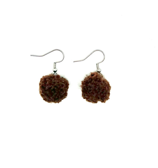 Brown Pom Pom Earrings With Stainless Steel Hooks (Small)