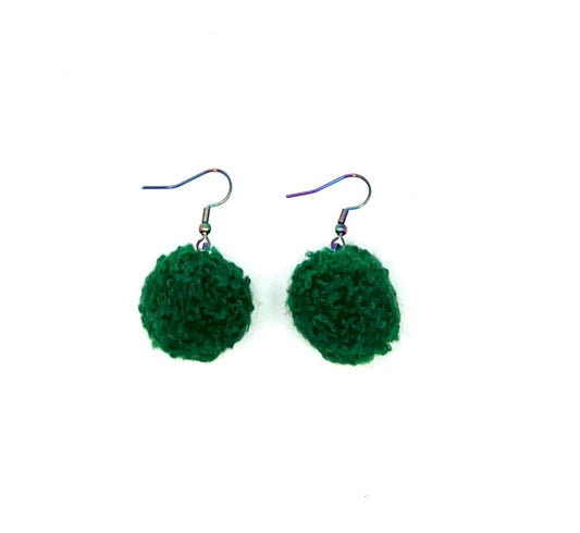 Dark Green Pom Pom Earrings With Rainbow Hooks