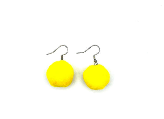 Yellow Pom Pom Earrings With Stainless Steel Hooks