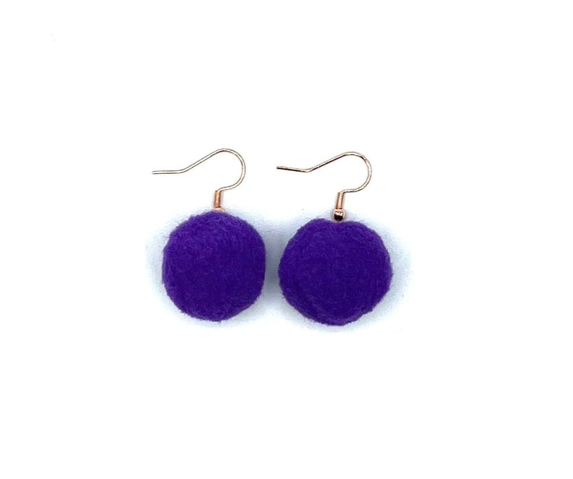 Purple Pom Pom Earrings With Rose Gold Hooks