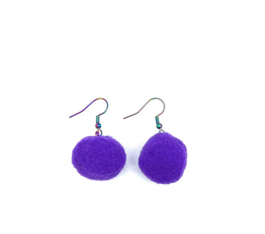 Purple Pom Pom Earrings With Rainbow Hooks