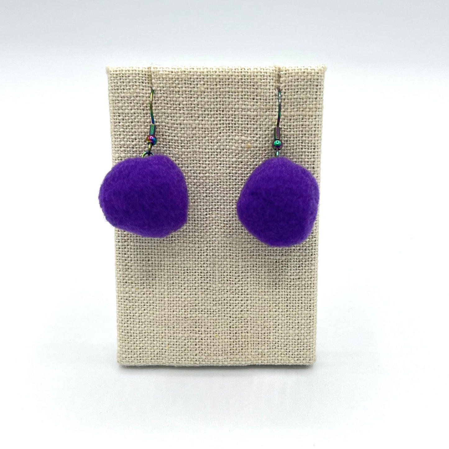 Purple Pom Pom Earrings With Rainbow Hooks