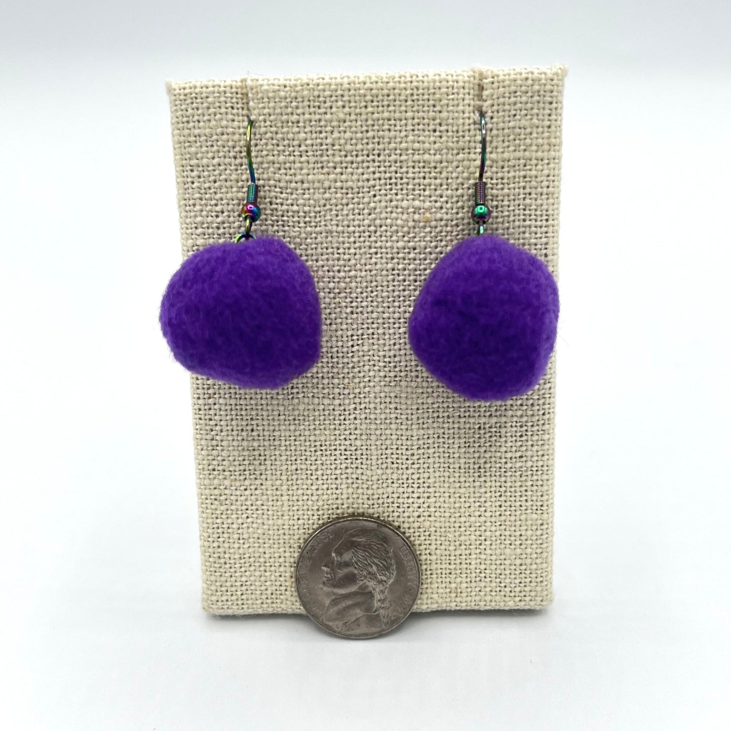 Purple Pom Pom Earrings With Rainbow Hooks