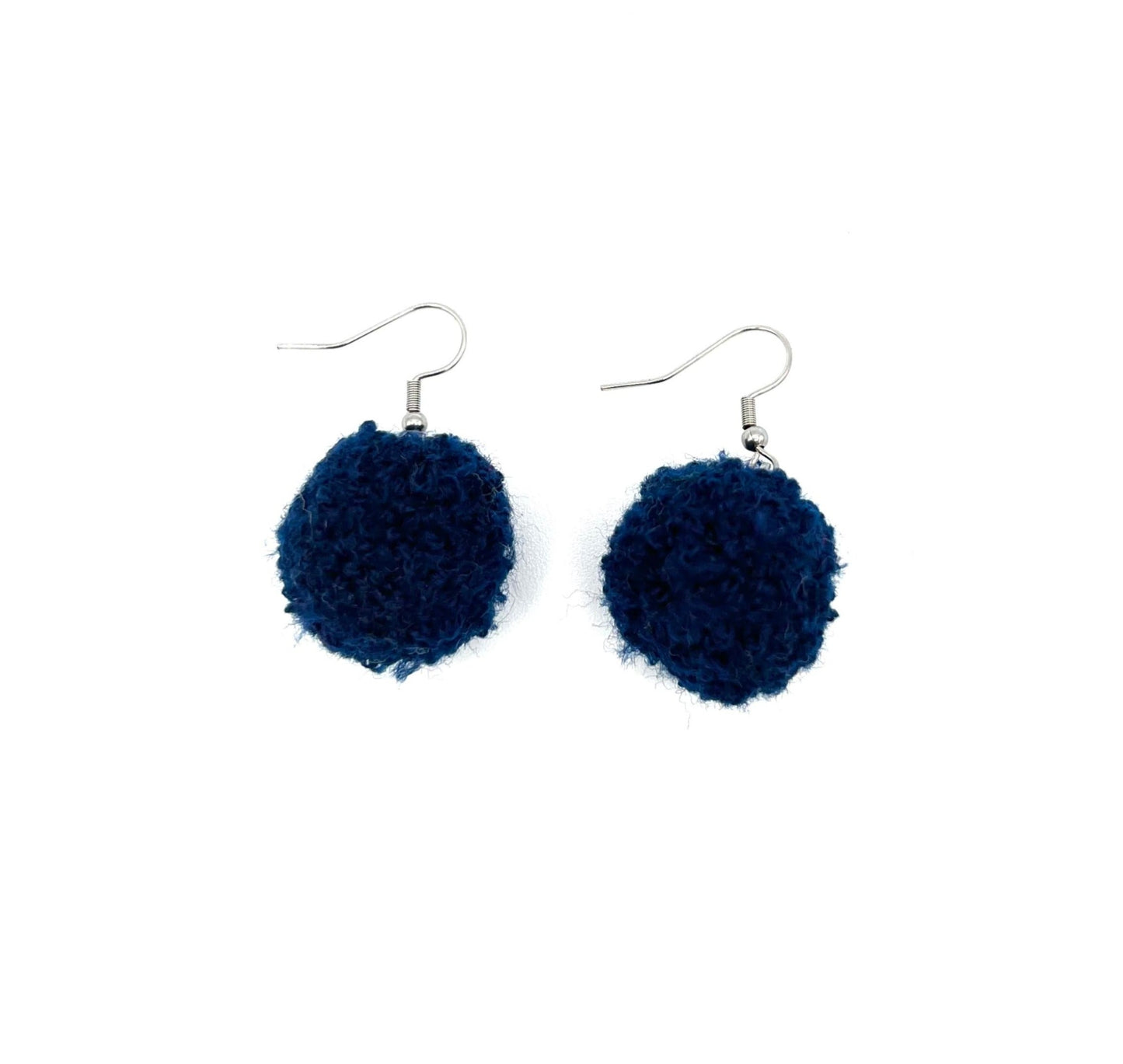 Navy Blue Pom Pom Earrings With Stainless Steel Hooks