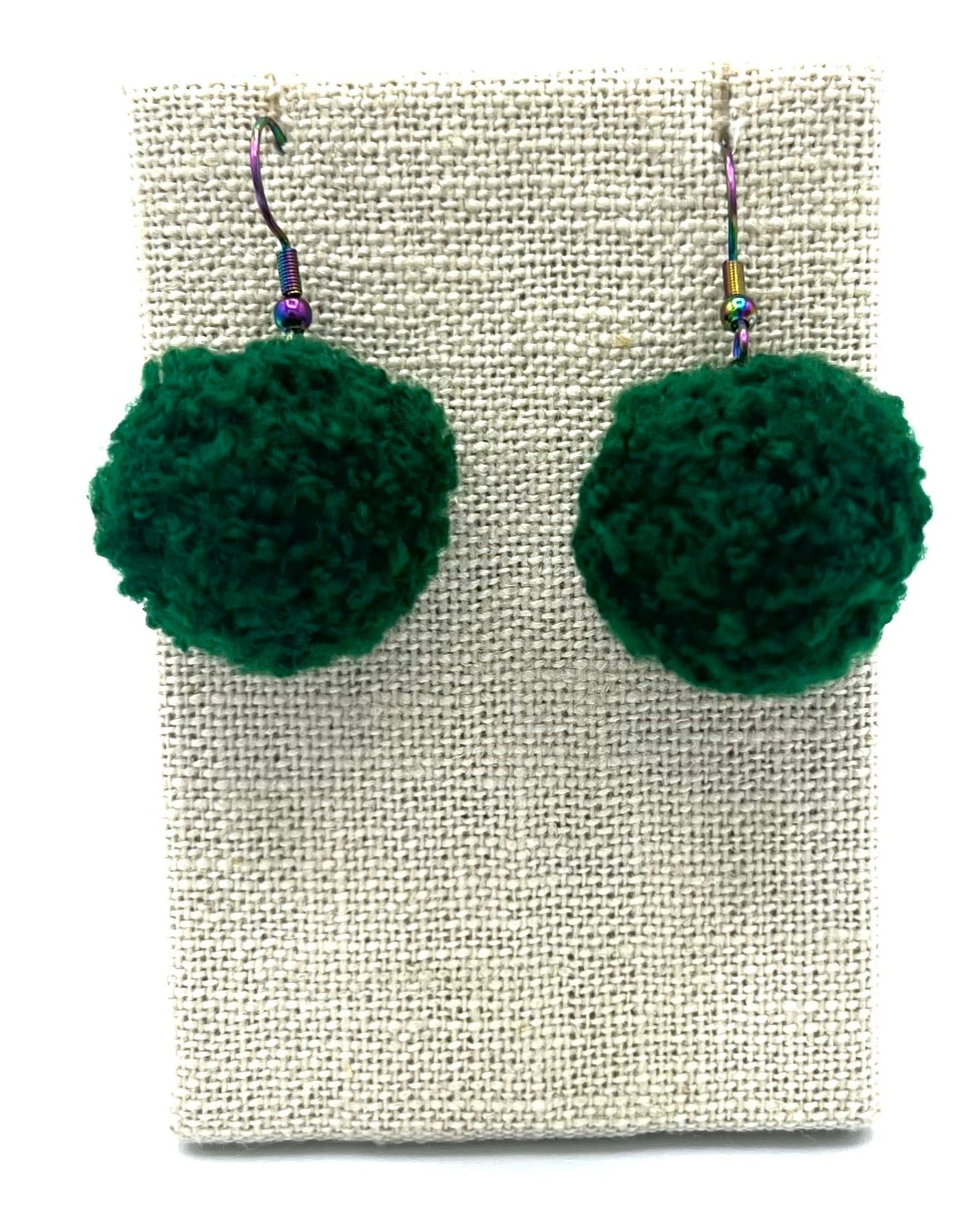 Dark Green Pom Pom Earrings With Rainbow Hooks