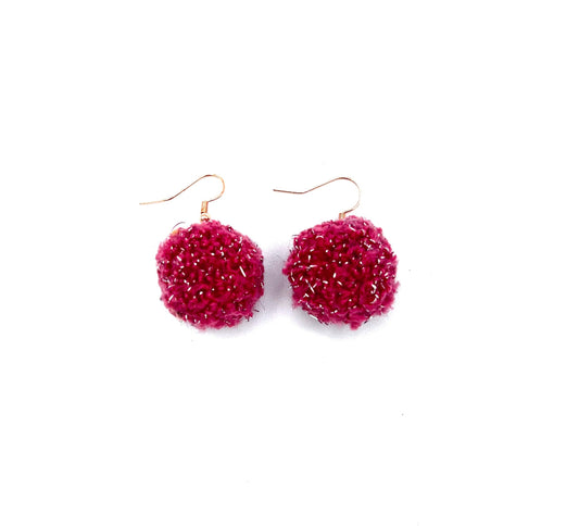 Mauve & Silver Higlighted Pom Pom Earrings With Rose Gold Hooks