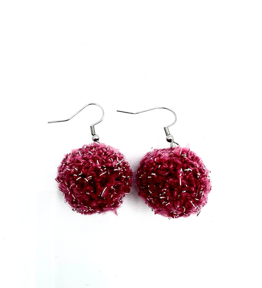 Mauve & Silver Higlighted Pom Pom Earrings With Stainless Steel Hooks