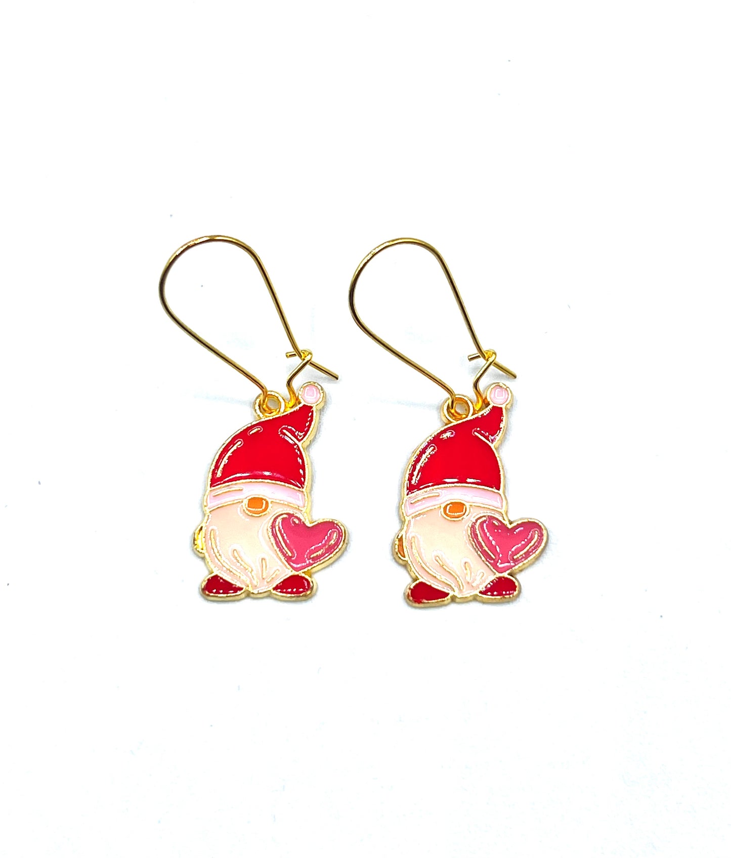 Gnome Pink Heart Earrings Dangle Drop Enamel Charms