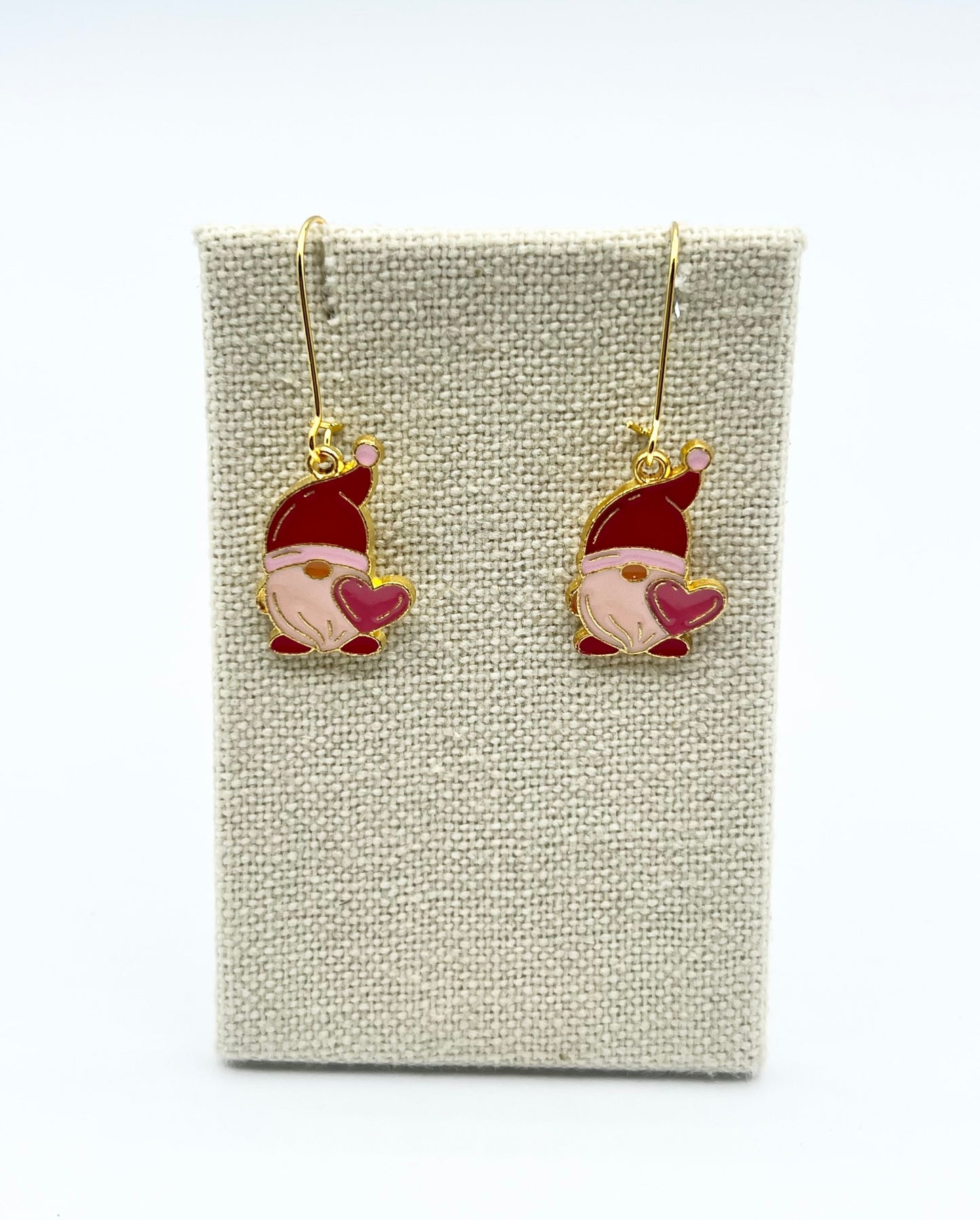 Gnome Pink Heart Earrings Dangle Drop Enamel Charms