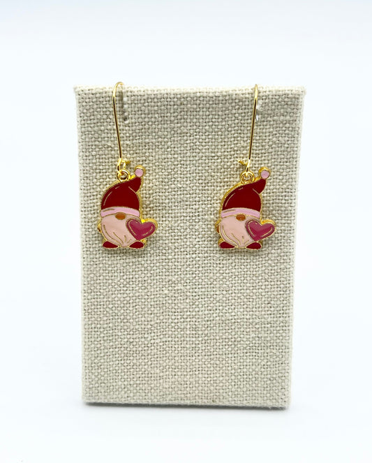 Gnome Pink Heart Earrings Dangle Drop Enamel Charms