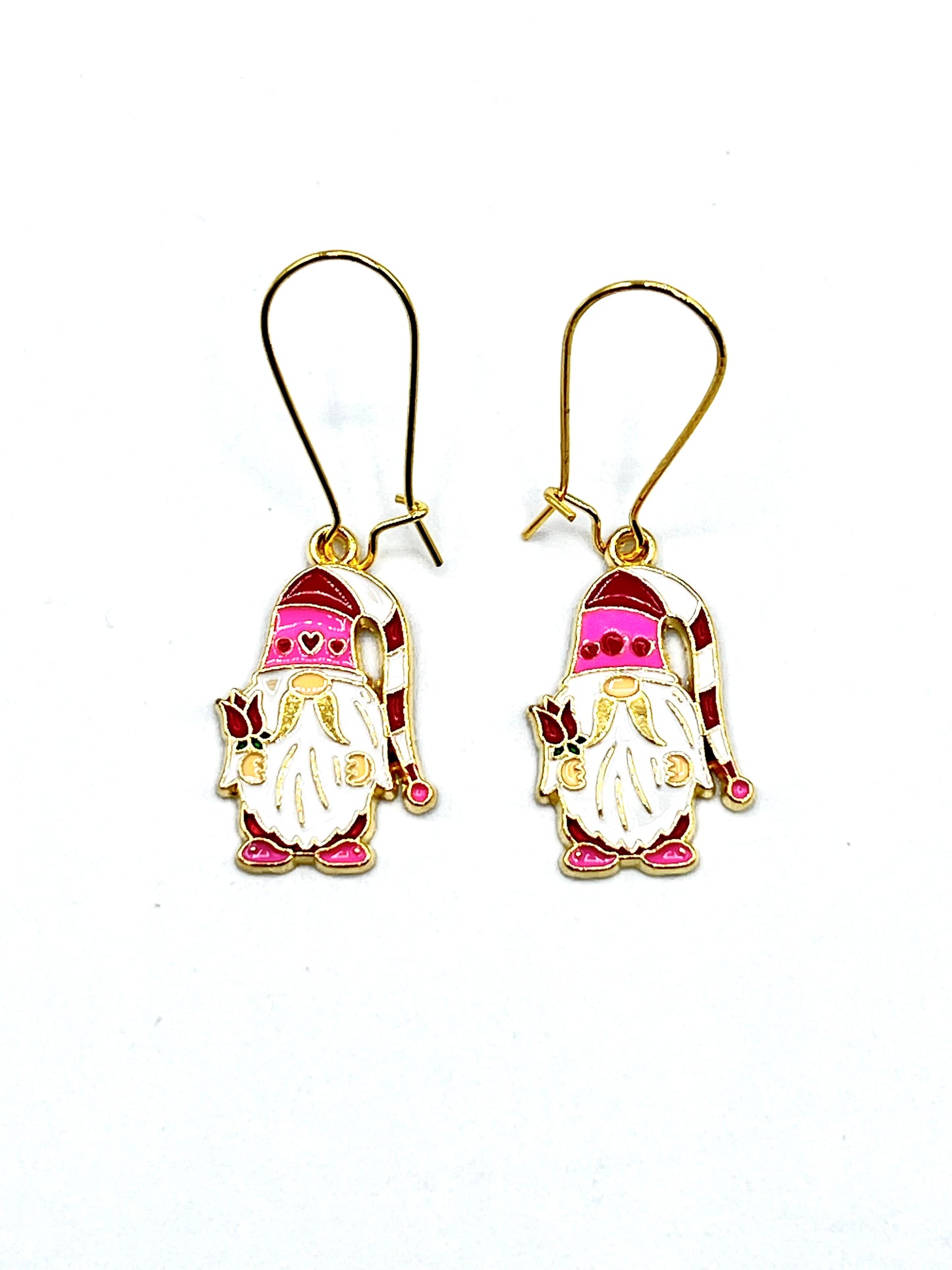 Gnome Red Rose Earrings Dangle Drop Enamel Charms