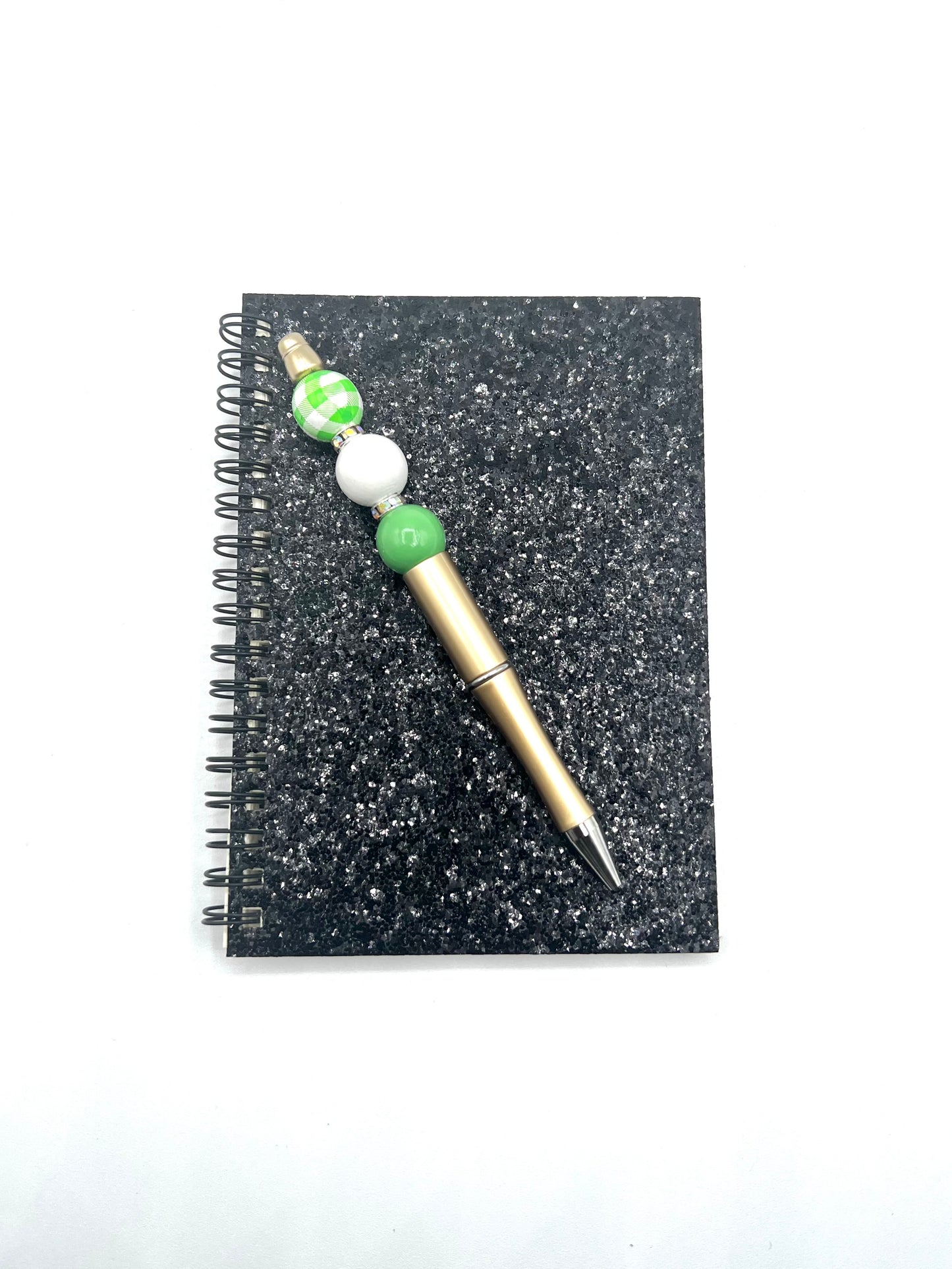 Sparkly Glitter Cover and Beaded Pen Set Spiral Notebook Journal, Lucky St. Patrick's Inspired Lucky Shiny 4.25 in x 6 in (10.8 cm x 15.24 cm)