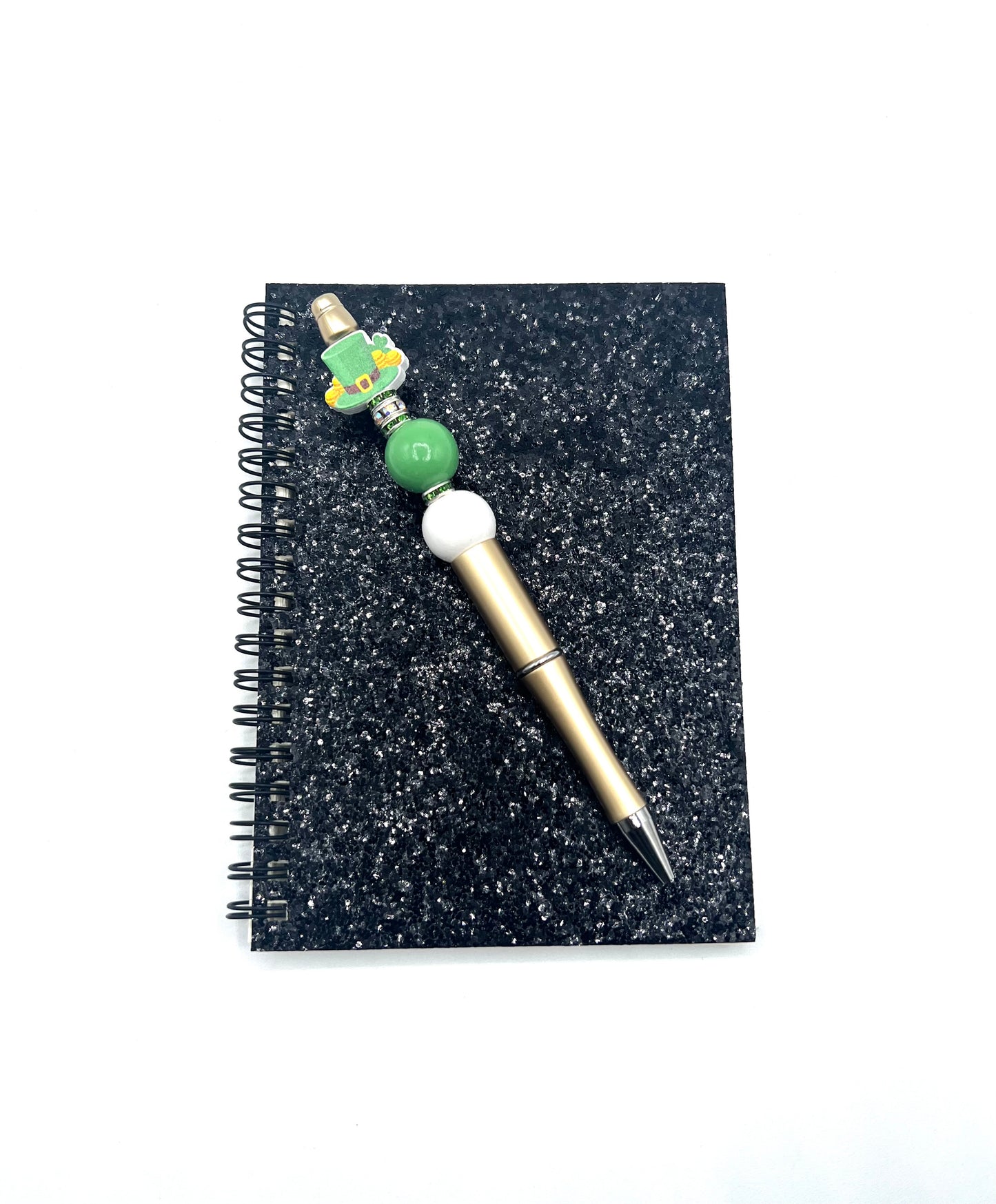 Sparkly Glitter Cover and Beaded Pen Set Spiral Notebook Journal, Lucky St. Patrick's Inspired Lucky Shiny 4.25 in x 6 in (10.8 cm x 15.24 cm)