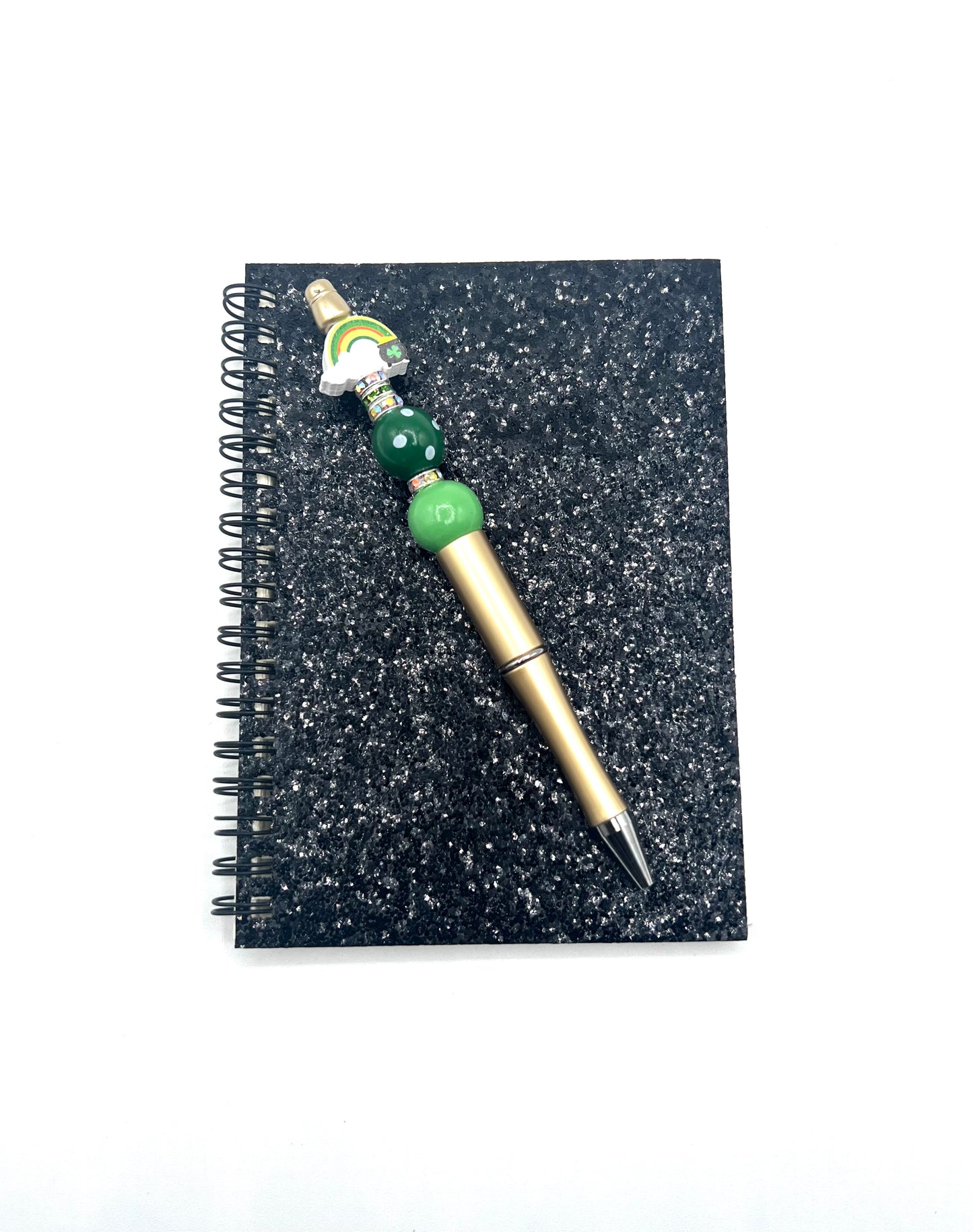 Sparkly Glitter Cover and Beaded Pen Set Spiral Notebook Journal, Lucky St. Patrick's Inspired Lucky Shiny 4.25 in x 6 in (10.8 cm x 15.24 cm)