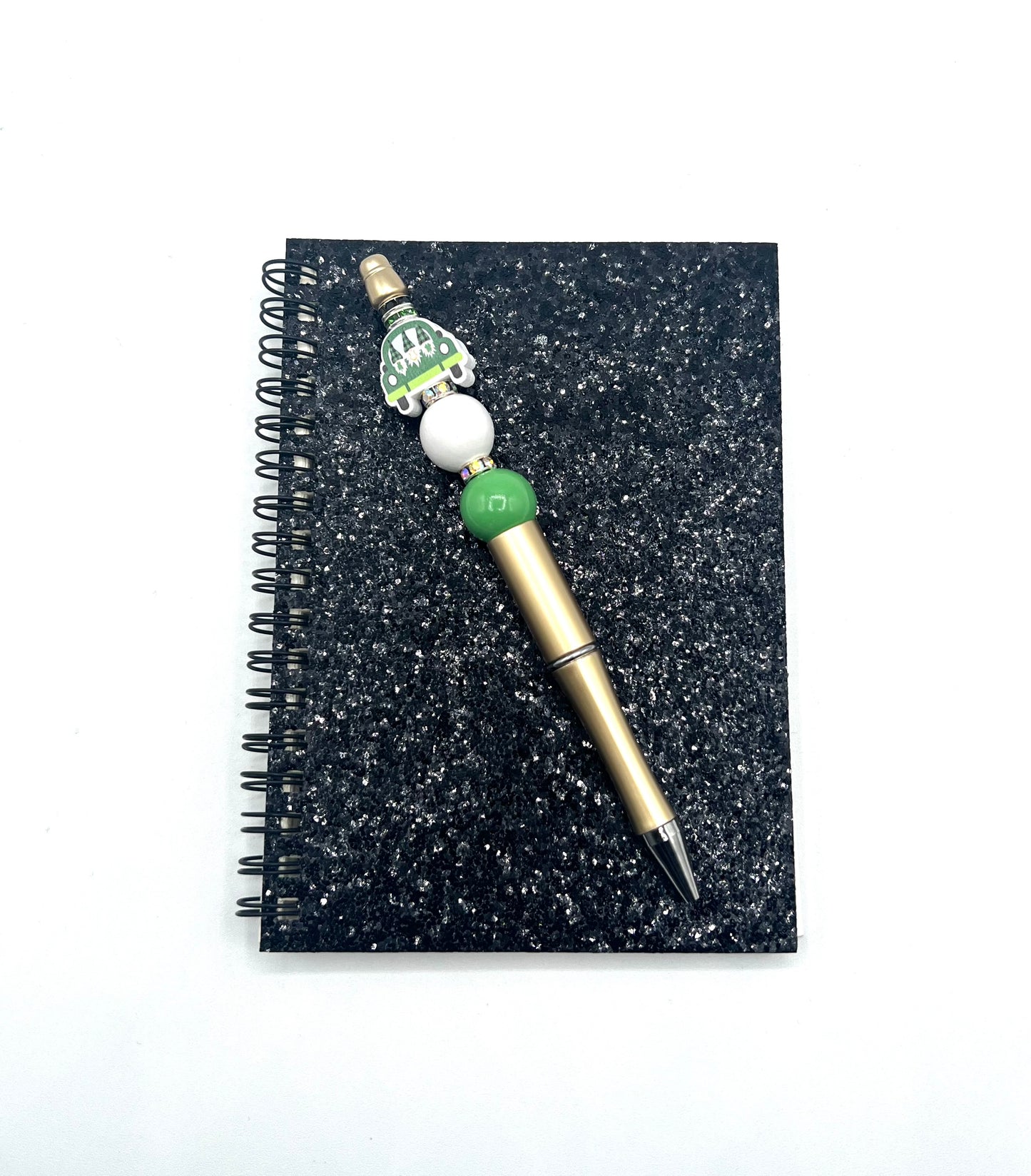 Sparkly Glitter Cover and Beaded Pen Set Spiral Notebook Journal, Lucky St. Patrick's Inspired Lucky Shiny 4.25 in x 6 in (10.8 cm x 15.24 cm)