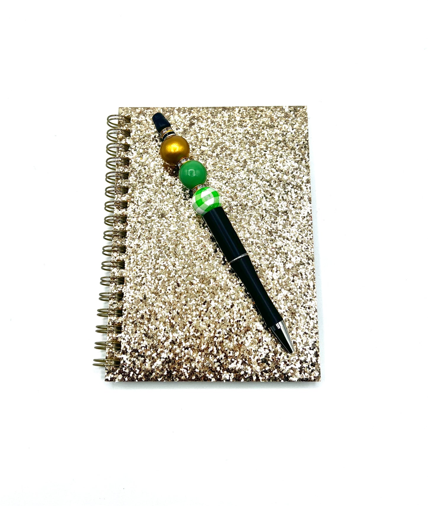 Sparkly Glitter Cover and Beaded Pen Set Spiral Notebook Journal, Lucky St. Patrick's Inspired Lucky Shiny 4.25 in x 6 in (10.8 cm x 15.24 cm)