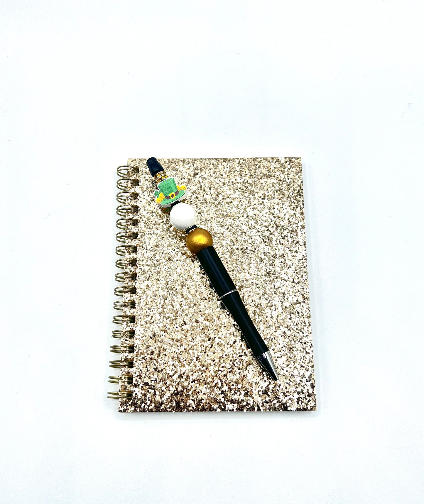 Sparkly Glitter Cover and Beaded Pen Set Spiral Notebook Journal, Lucky St. Patrick's Inspired Lucky Shiny 4.25 in x 6 in (10.8 cm x 15.24 cm)