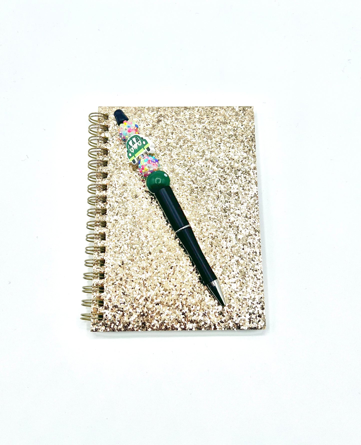 Sparkly Glitter Cover and Beaded Pen Set Spiral Notebook Journal, Lucky St. Patrick's Inspired Lucky Shiny 4.25 in x 6 in (10.8 cm x 15.24 cm)