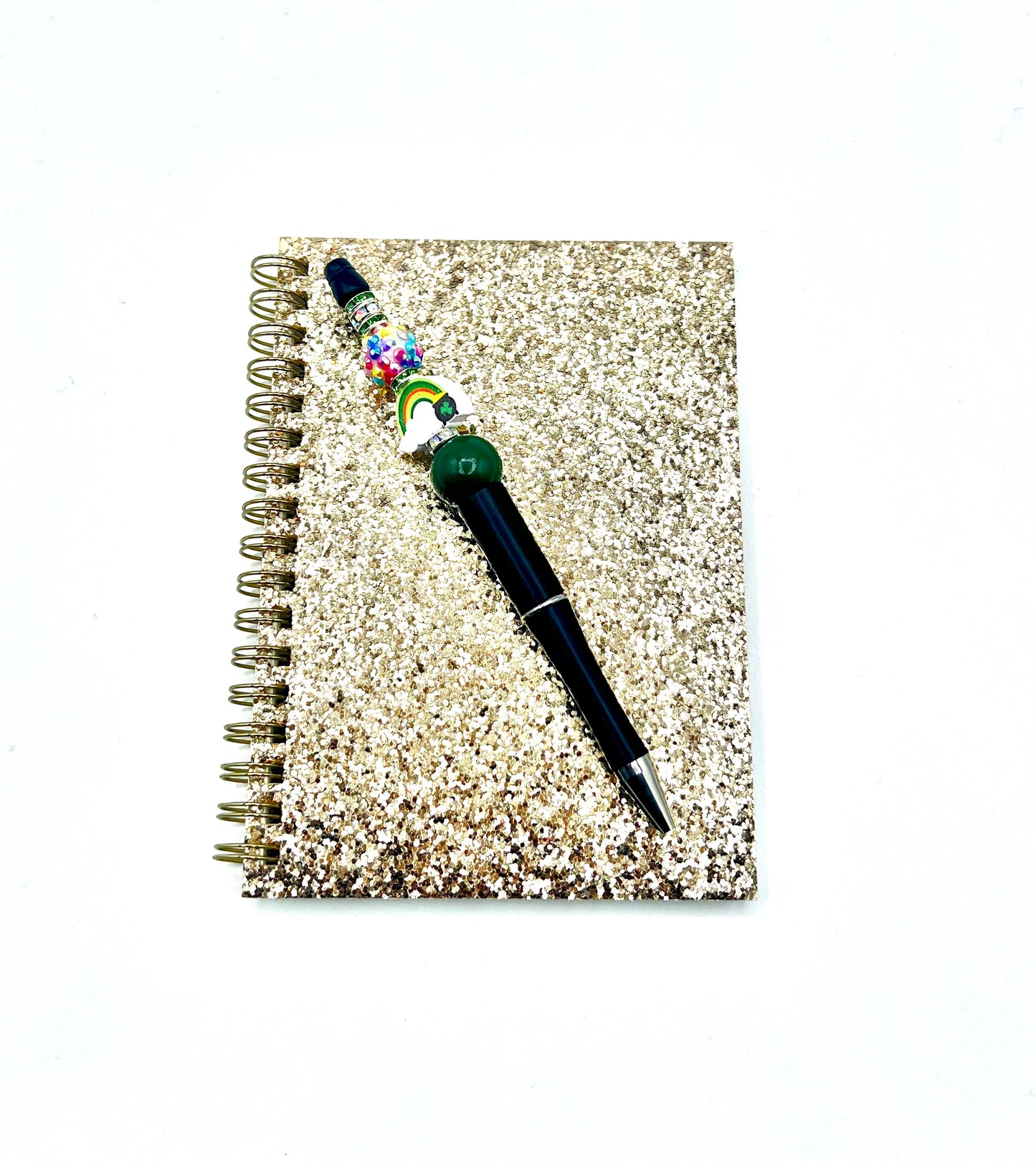 Sparkly Glitter Cover and Beaded Pen Set Spiral Notebook Journal, Lucky St. Patrick's Inspired Lucky Shiny 4.25 in x 6 in (10.8 cm x 15.24 cm)