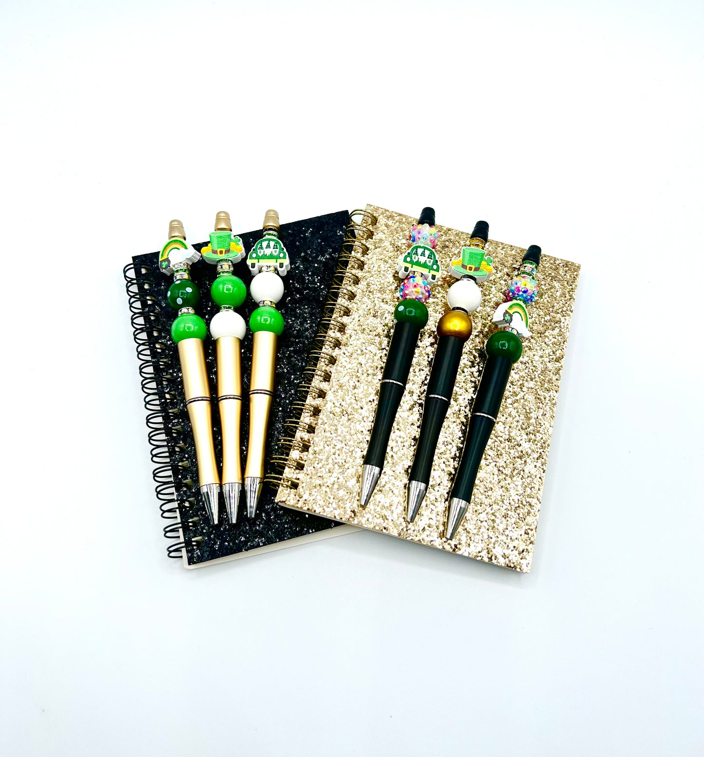 Sparkly Glitter Cover and Beaded Pen Set Spiral Notebook Journal, Lucky St. Patrick's Inspired Lucky Shiny 4.25 in x 6 in (10.8 cm x 15.24 cm)