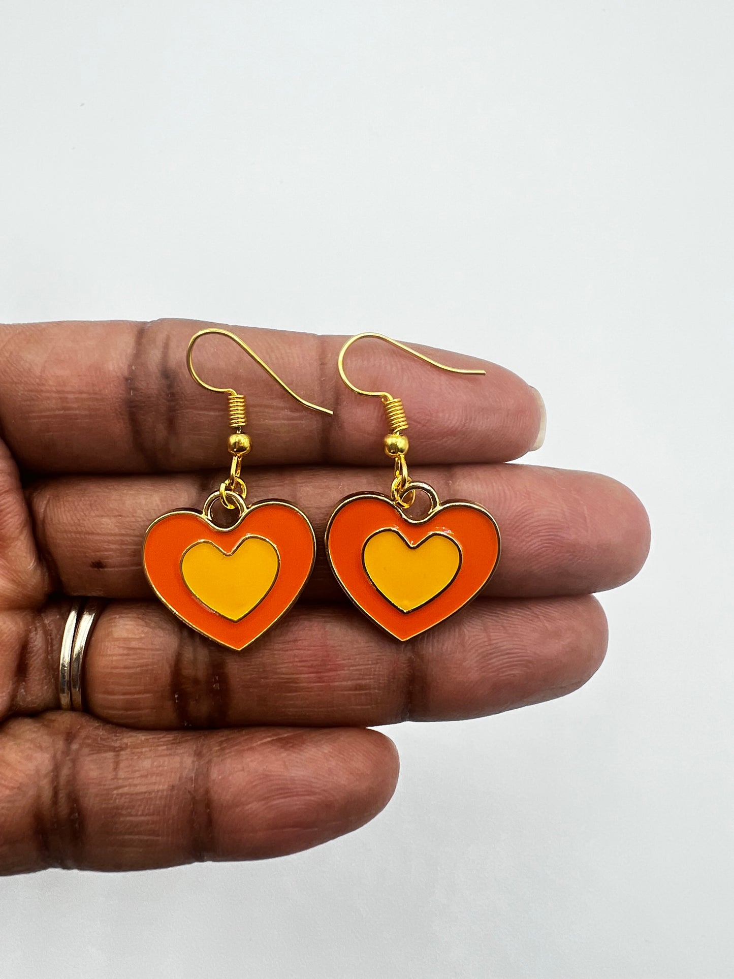 Orange Double Heart Earrings Dangle Drop Enamel Heart Charms