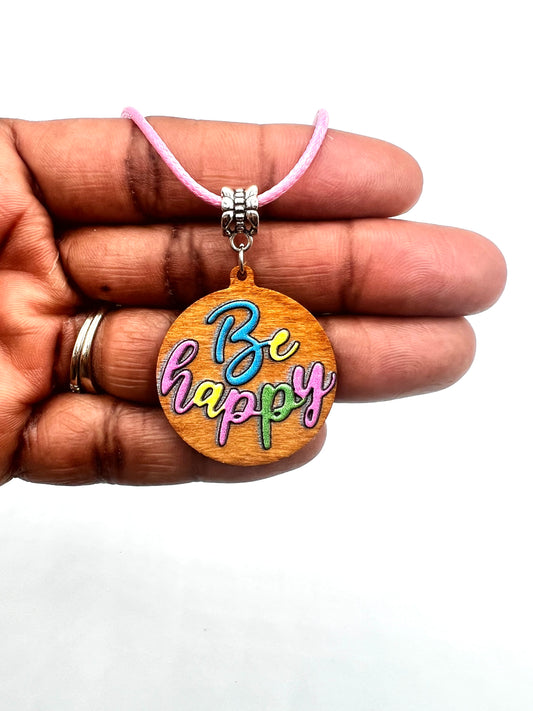 Wooden "Be happy" Charm Necklace, Spring Pastels Inspired, Easter Colors, Pink Waxed Cord, Lobster Claw Clasp