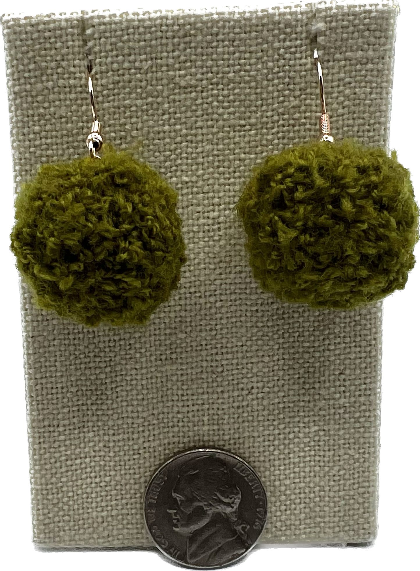 Olive Green Pom Pom Earrings With Rose Gold Hooks