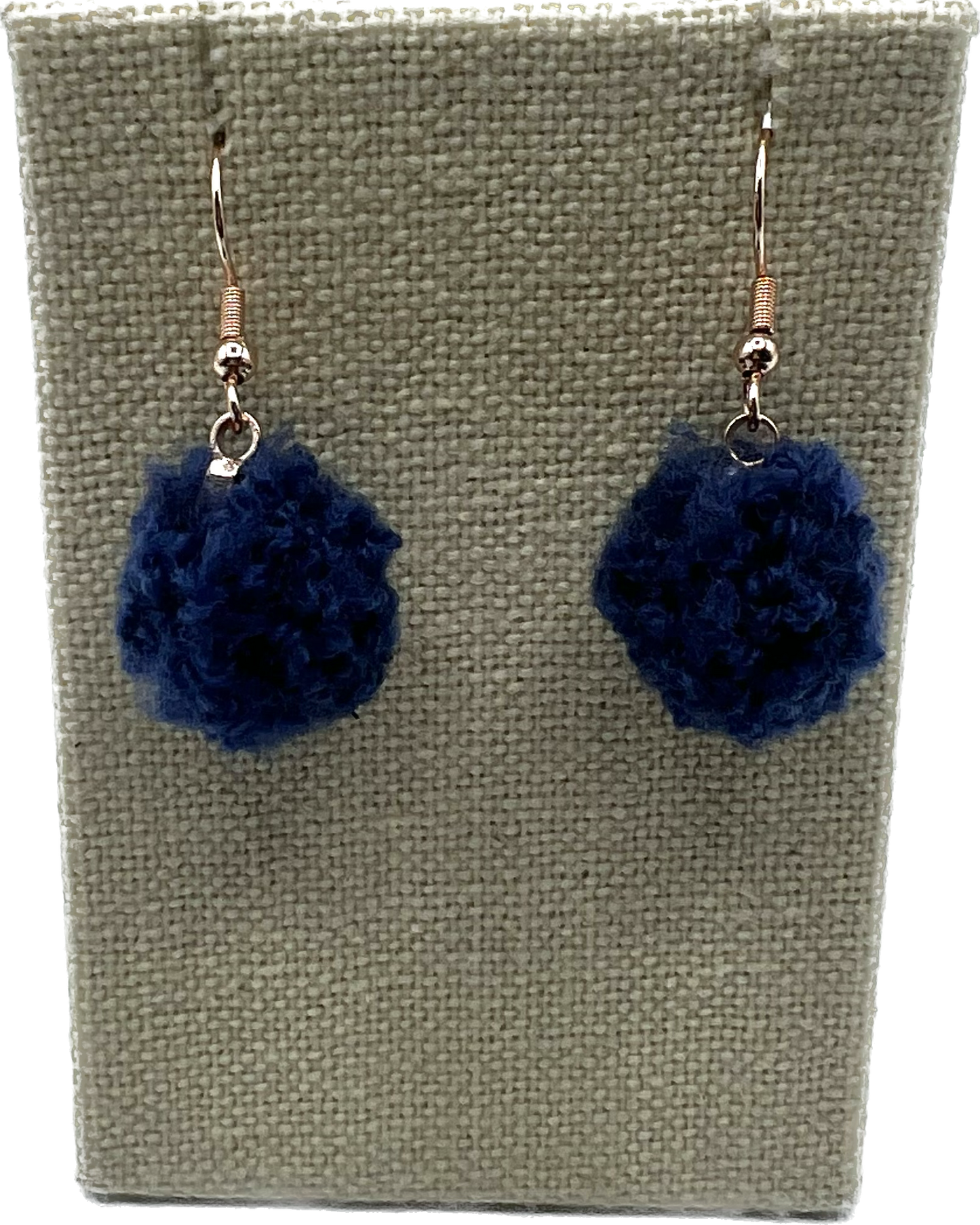 Navy Blue Pom Pom Earrings With Rose Gold Hooks (Small)