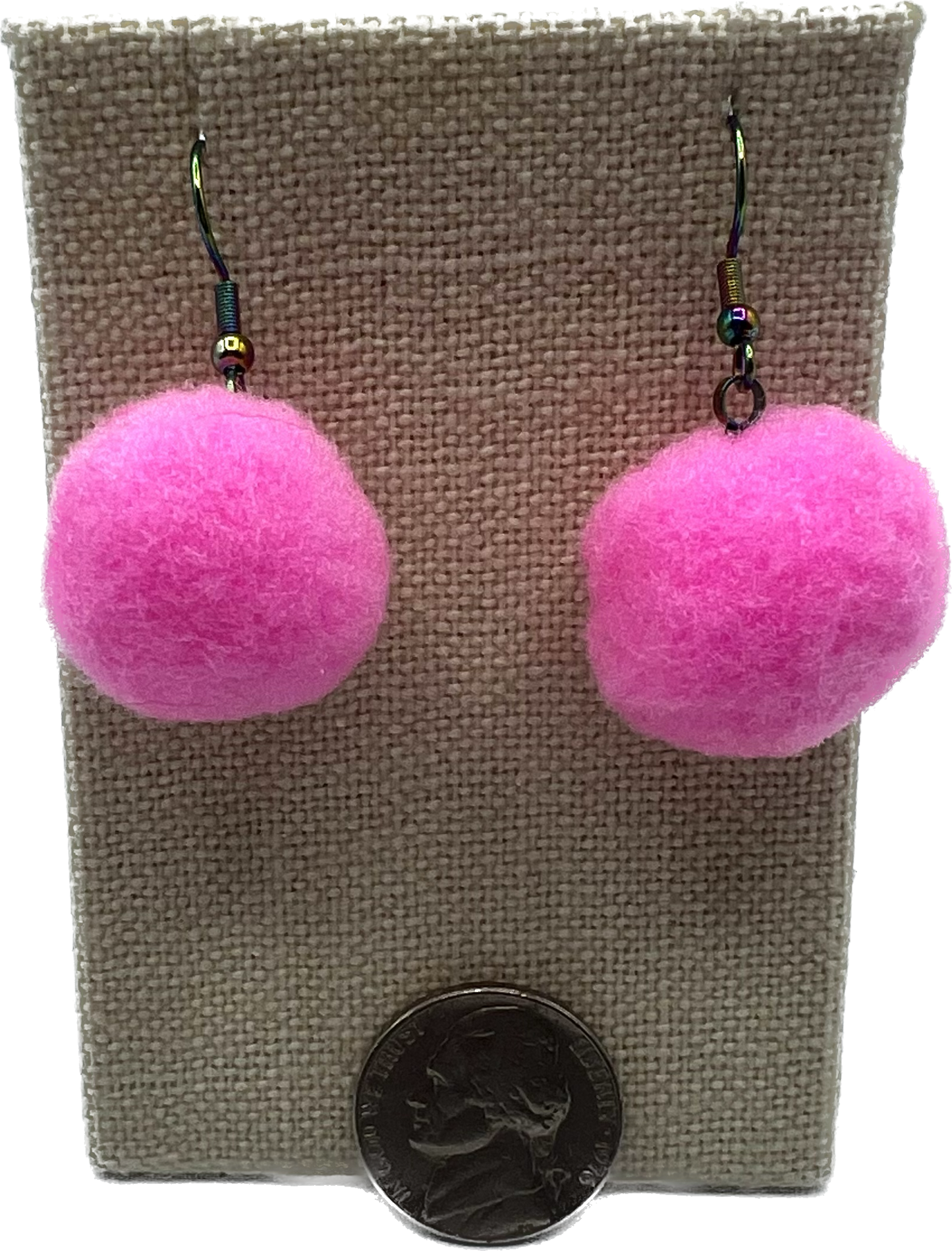 Hot Pink Pom Pom Earrings With Rainbow Hooks