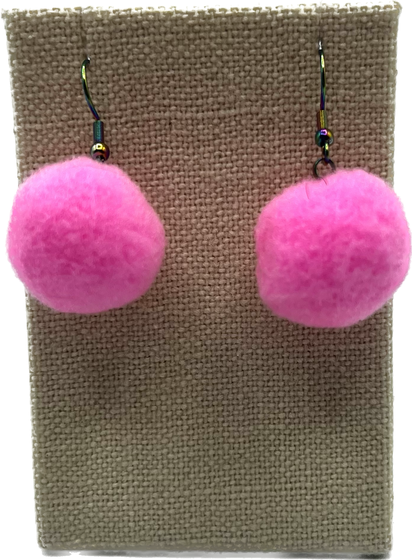 Hot Pink Pom Pom Earrings With Rainbow Hooks