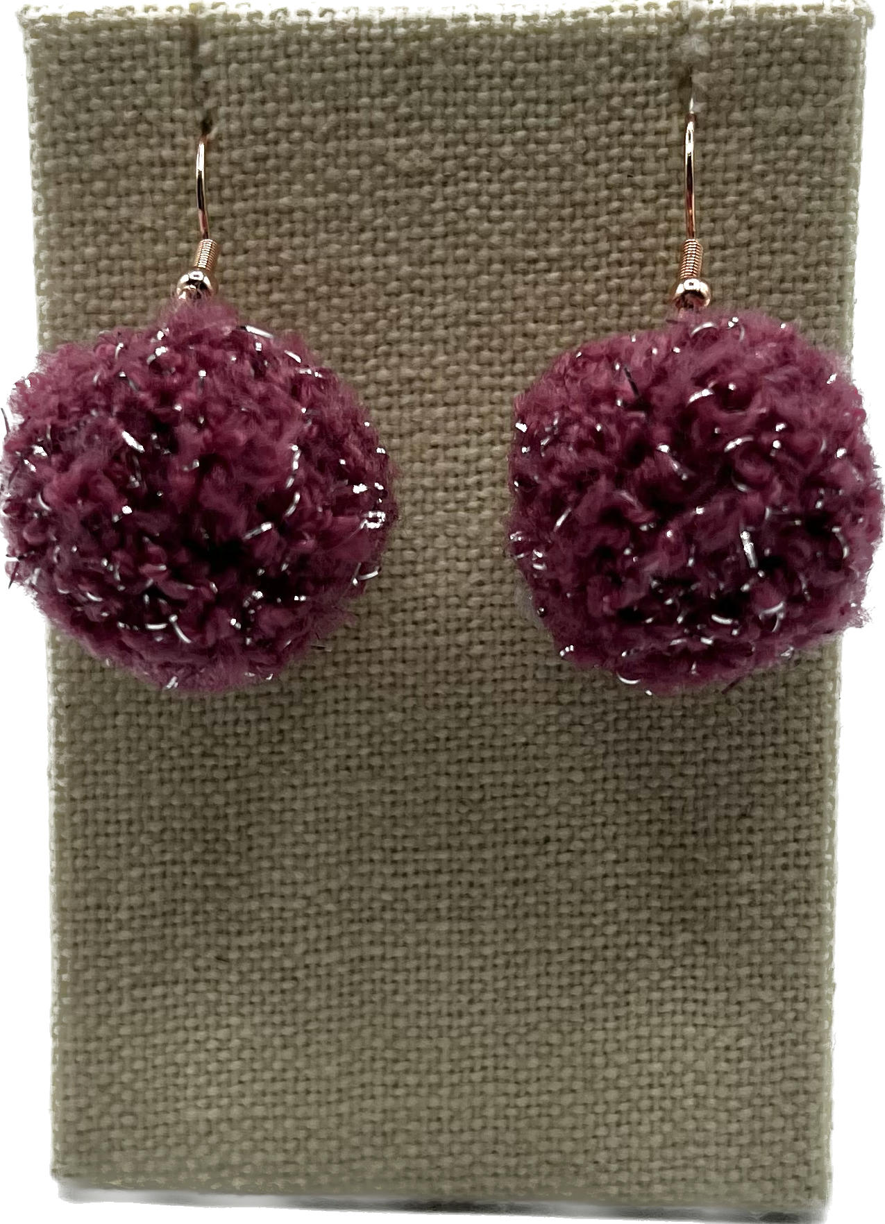 Mauve & Silver Higlighted Pom Pom Earrings With Rose Gold Hooks