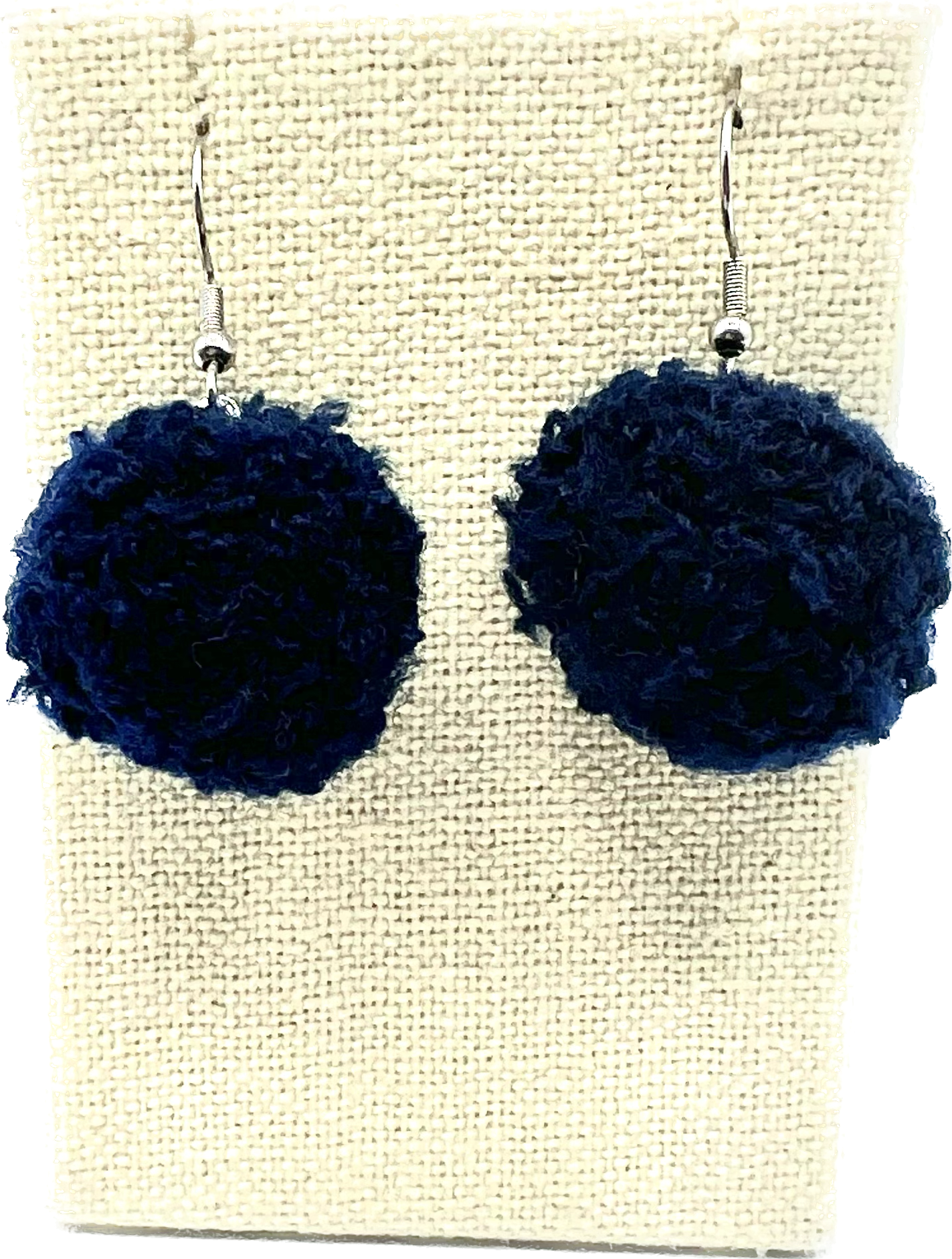 Navy Blue Pom Pom Earrings With Stainless Steel Hooks