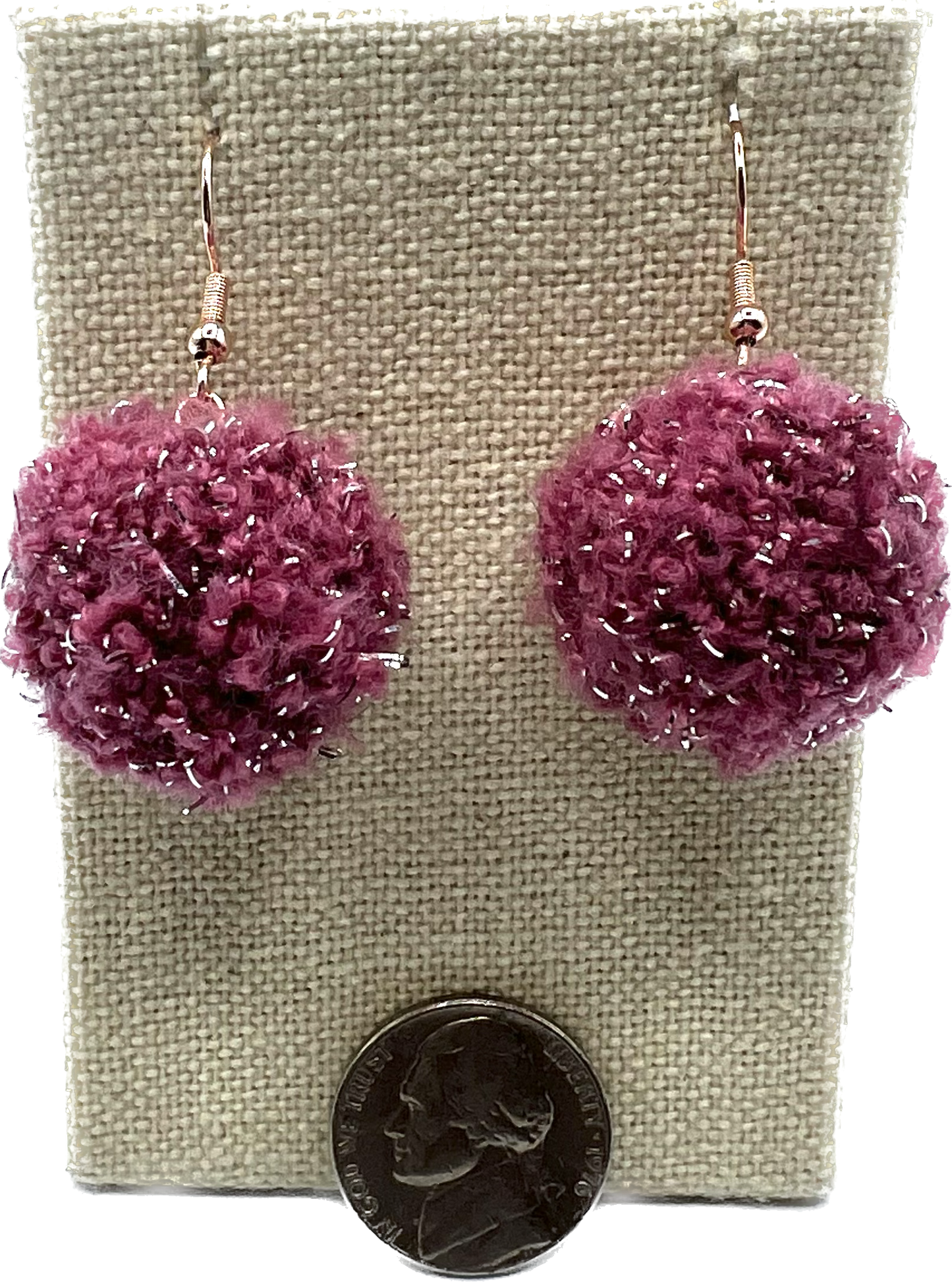 Mauve & Silver Higlighted Pom Pom Earrings With Rose Gold Hooks