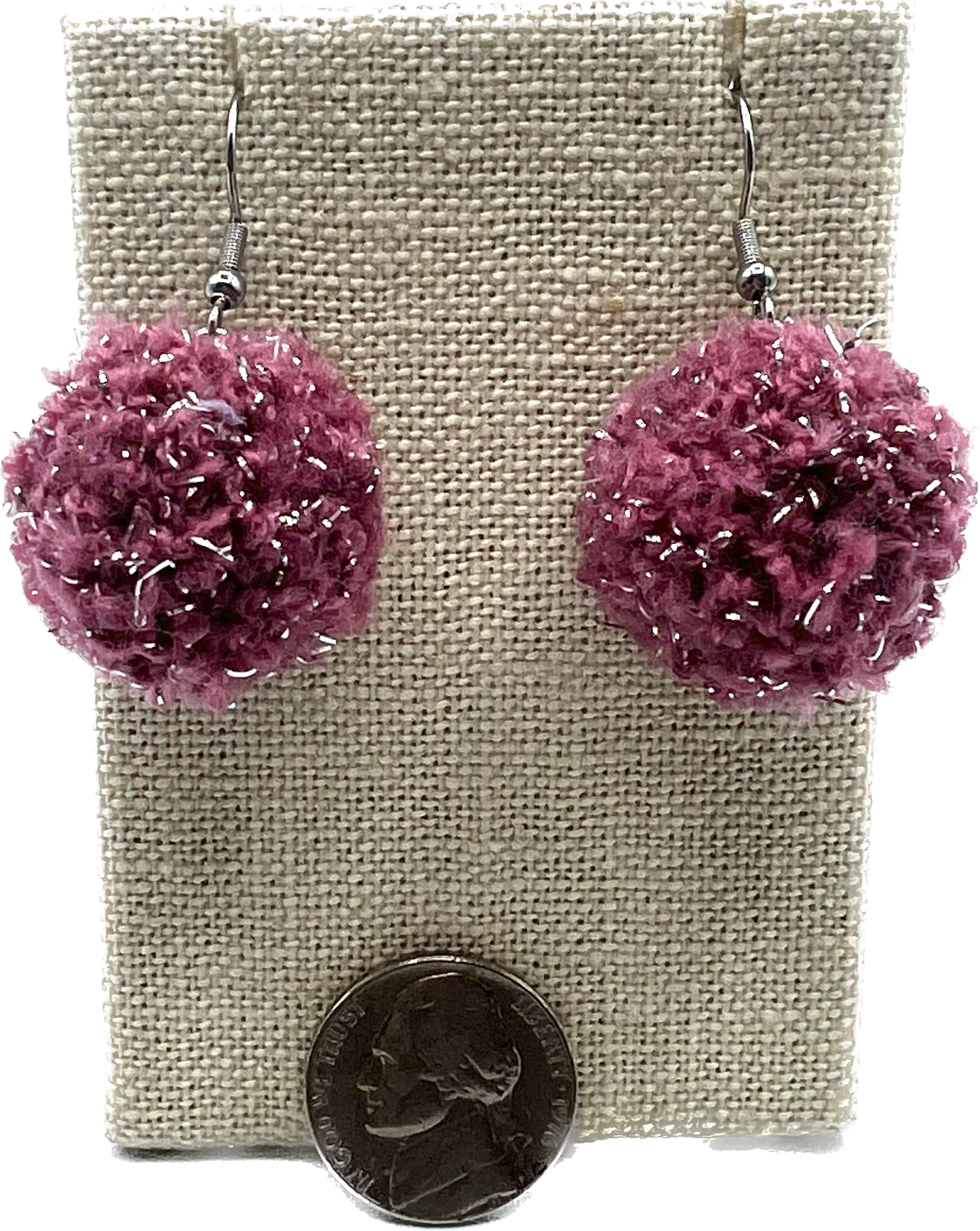 Mauve & Silver Higlighted Pom Pom Earrings With Stainless Steel Hooks