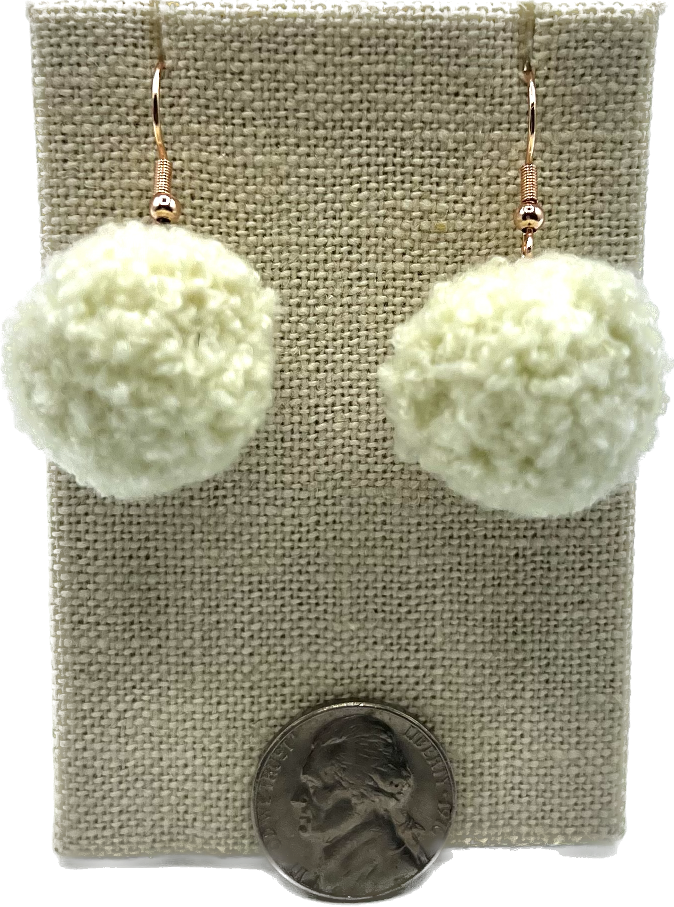 Off White Pom Pom Earrings With Rose Gold Hooks